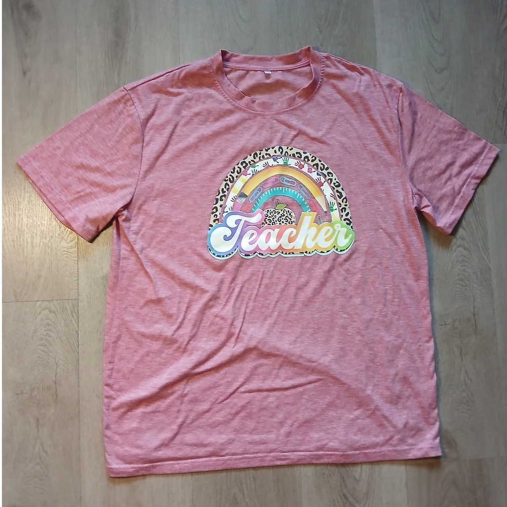 T-Shirt Women XXL Pink Rainbow Leopard Teacher Graphic Short Sleeve Tee